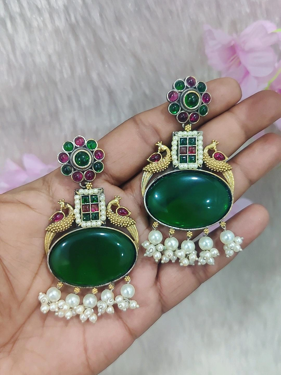 German Silver Earrings #P010 (Green + Red)