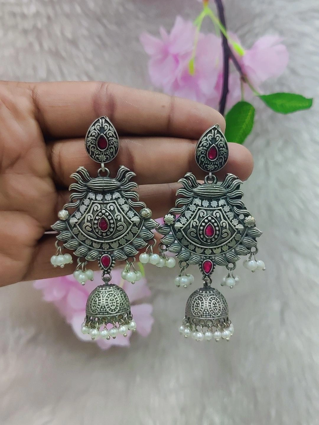 German Silver Earrings #P005 (Red)