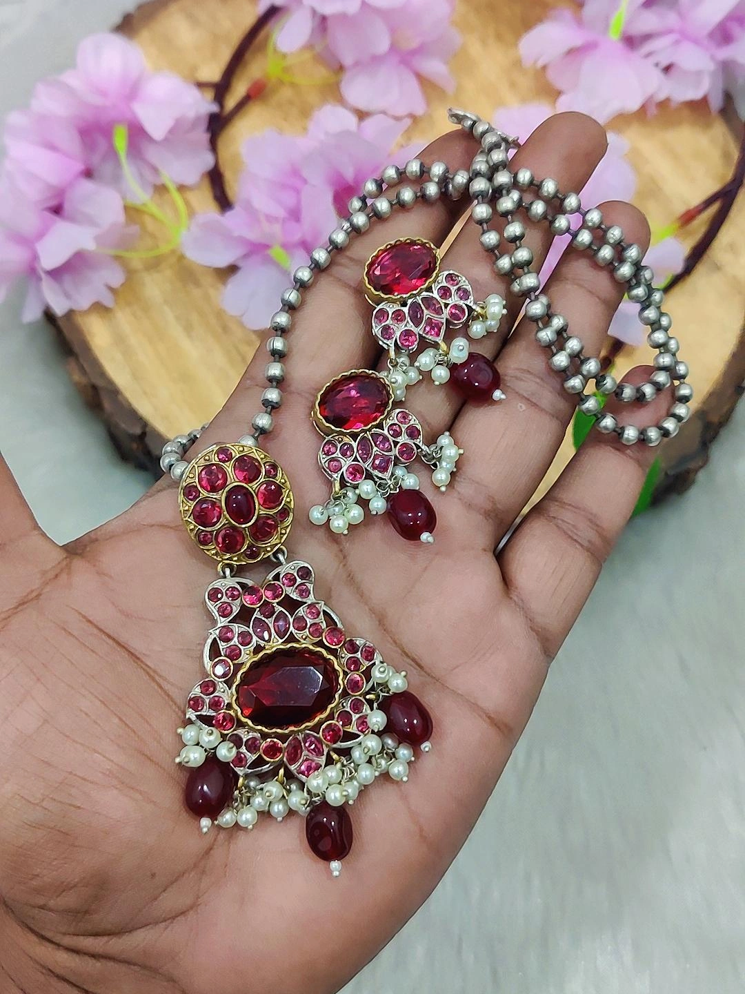 German Silver Necklace Set #N09 (Red)