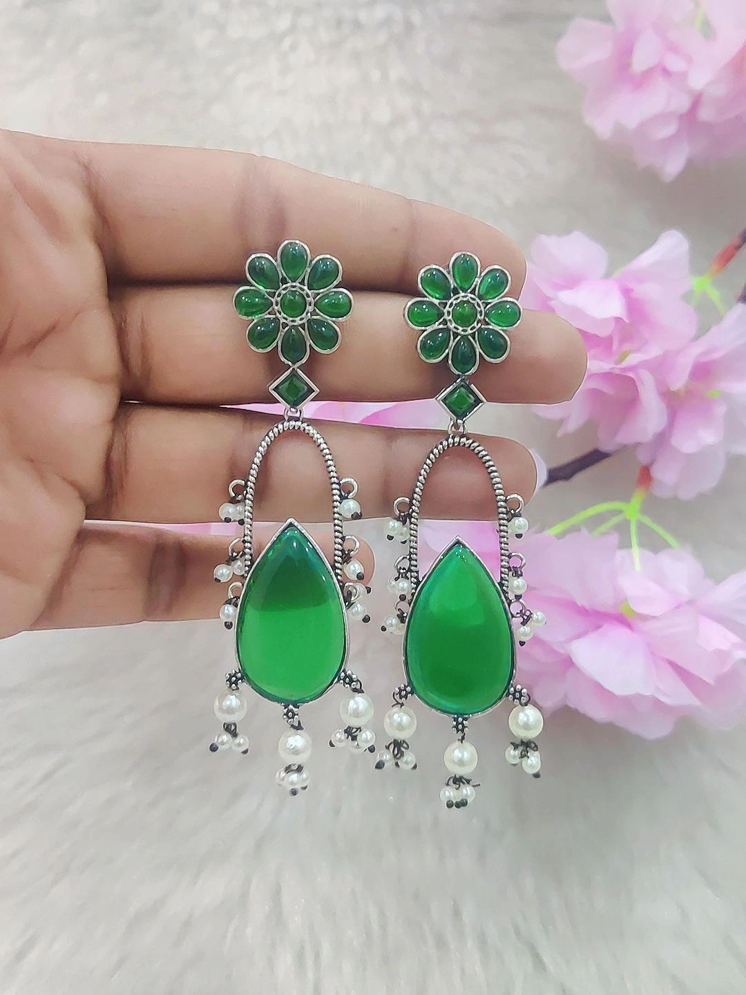 German Silver Long Earrings #GE001 (Green)