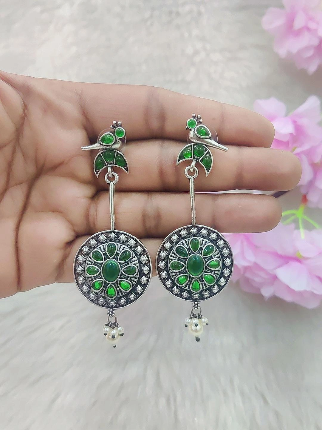 German Silver Bird Hanging Earrings #GE014 (Green)