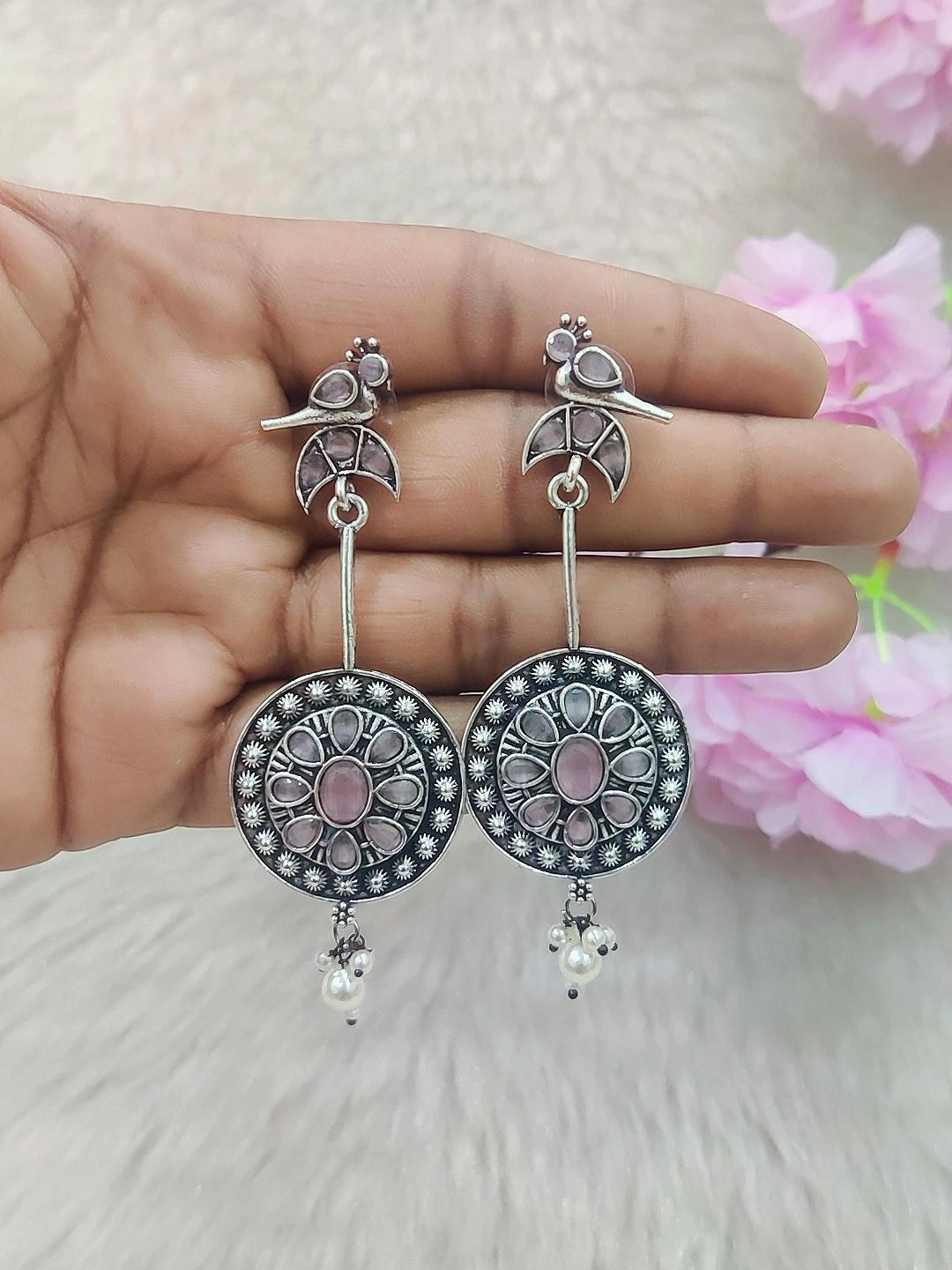 German Silver Bird Hanging Earrings #GE014 (Pink)