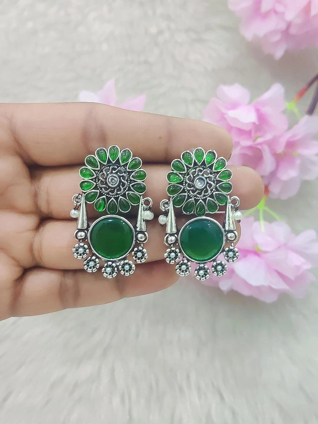 German Silver Earrings #GE022 (Peacock Green)