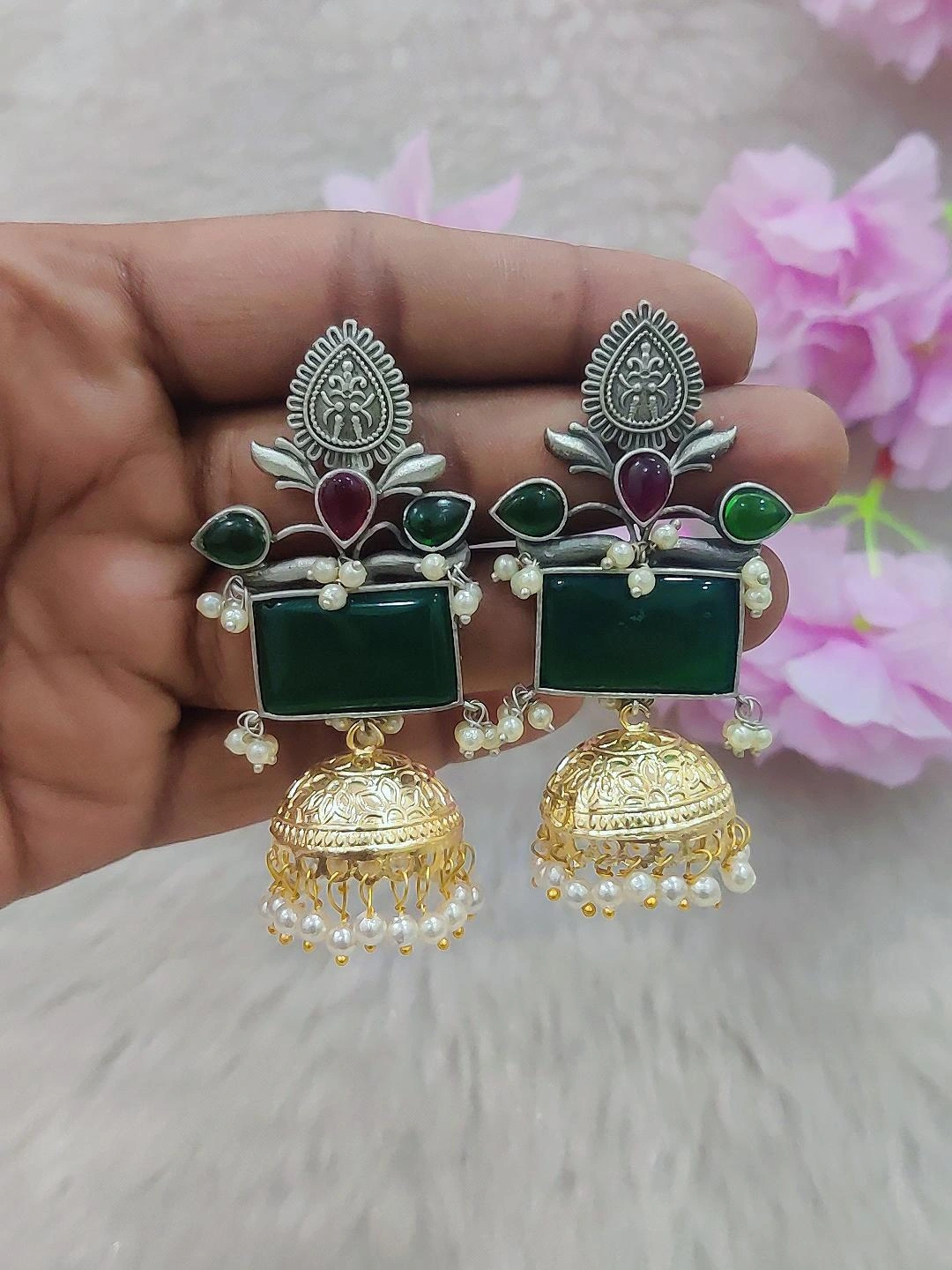 German Silver Jhumki Earrings #GE026 Dual Tone (Green + Red Monalisa Stone)