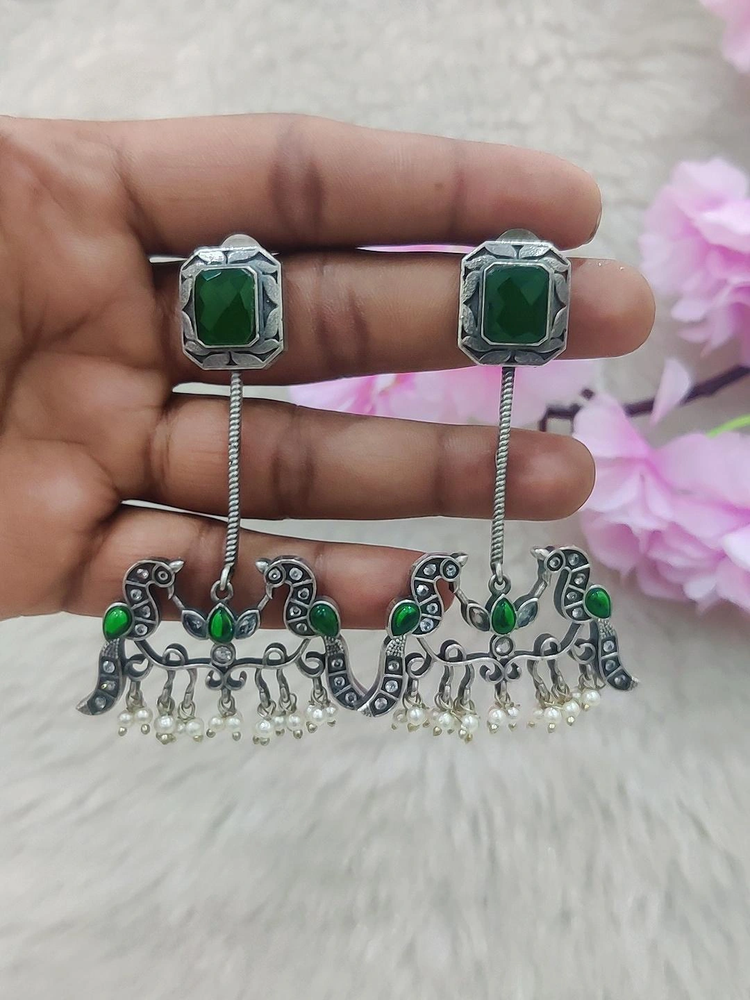 German Silver Bird Earrings #GE024 (Green Monalisa Stone)