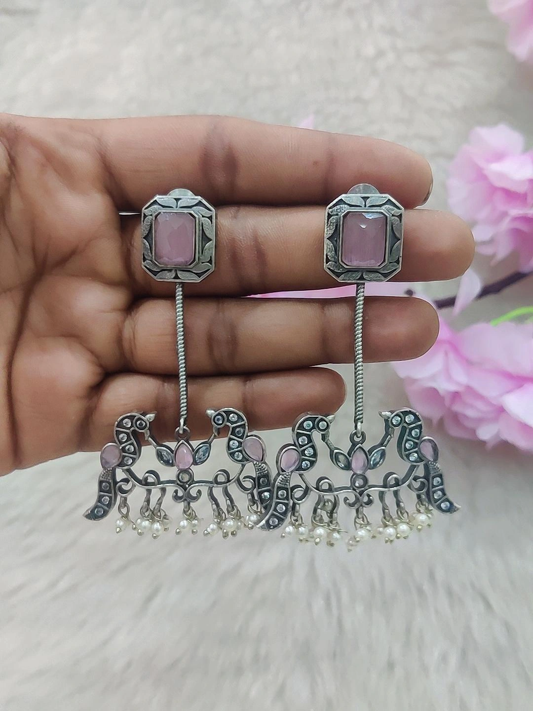 German Silver Bird Earrings #GE024 (Pink Monalisa Stone)