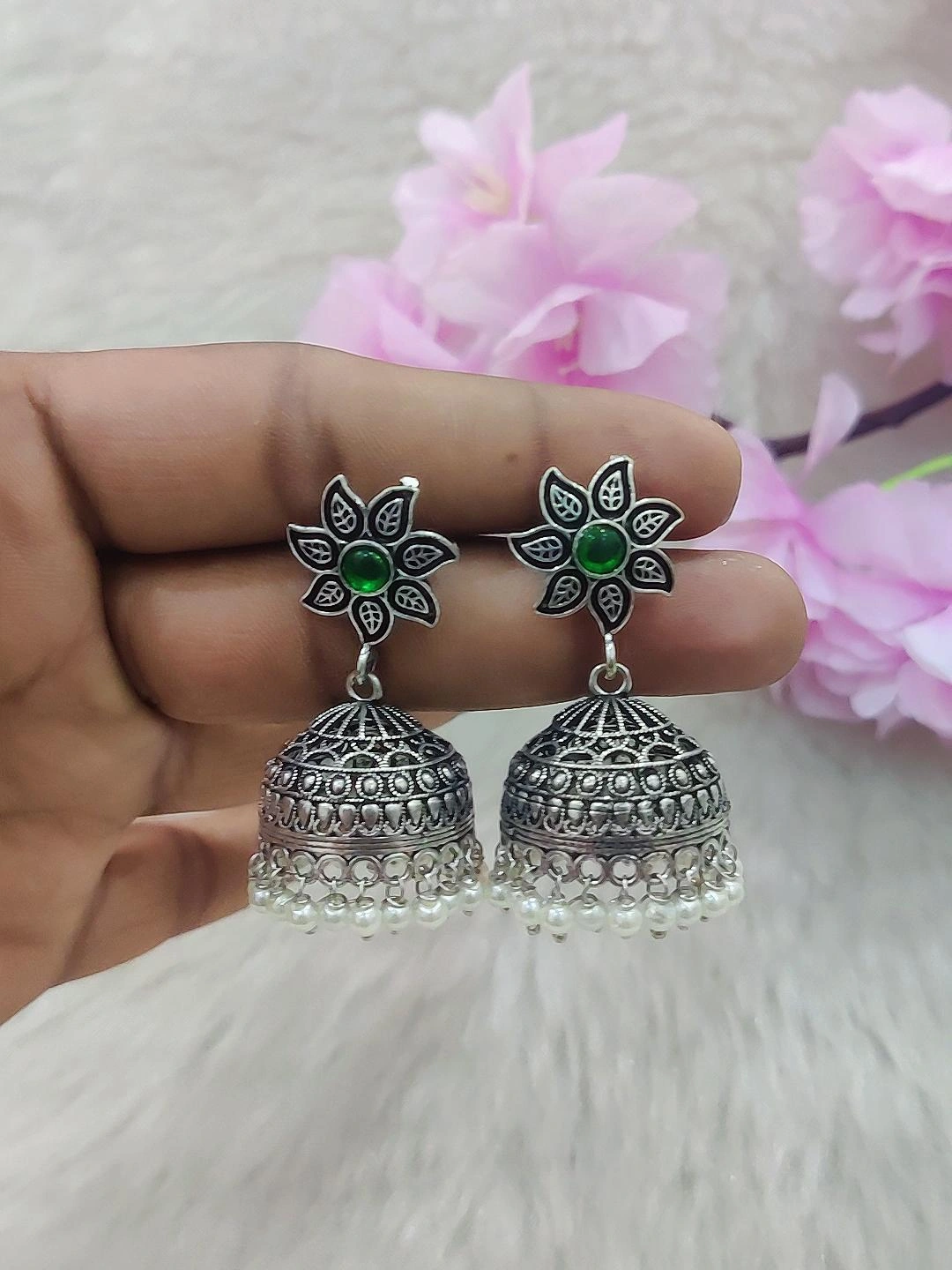 German Silver Jhumki Earrings #GE018 (Green)