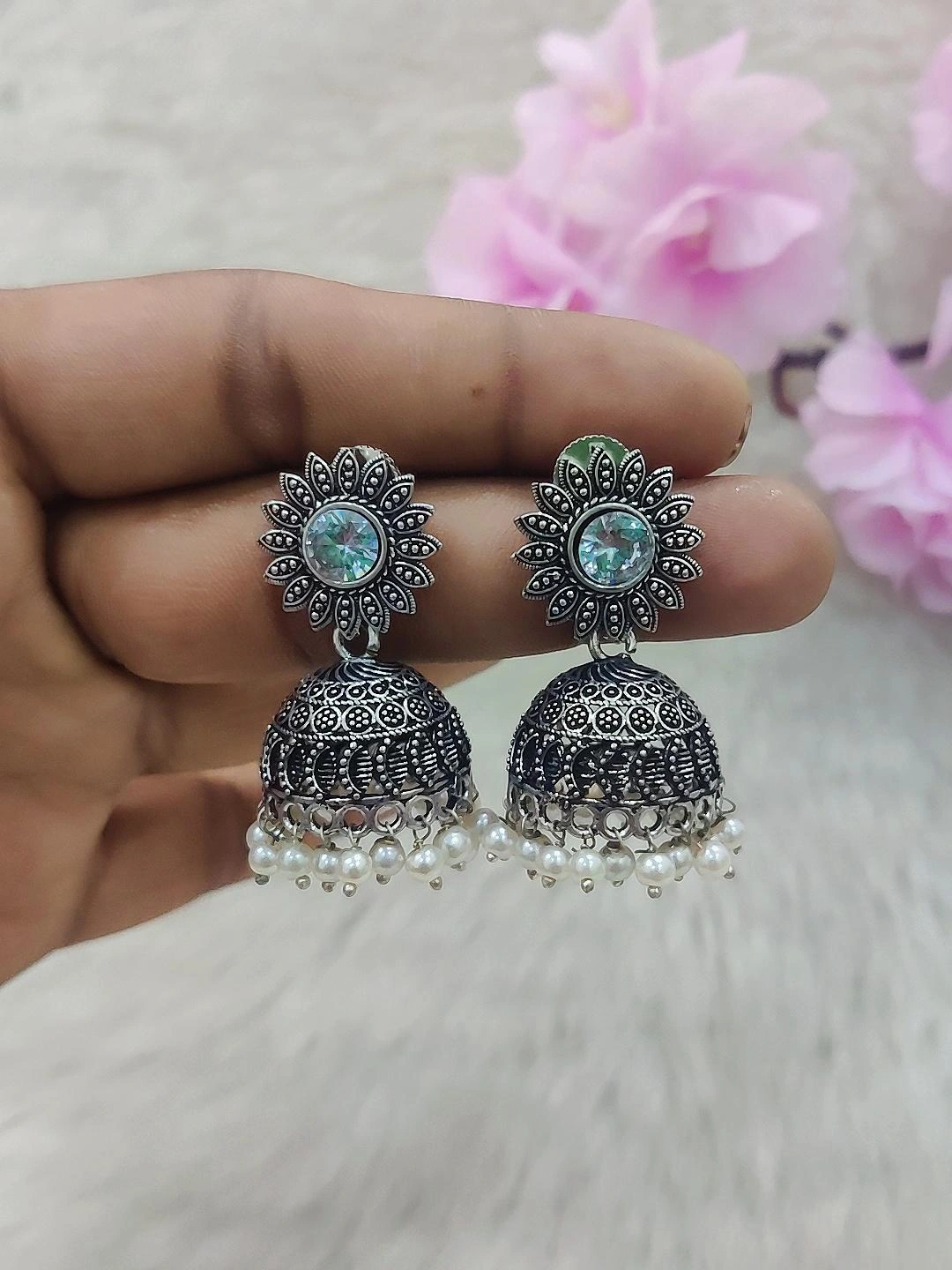 German Silver Jhumki Earrings #GE019 (White)