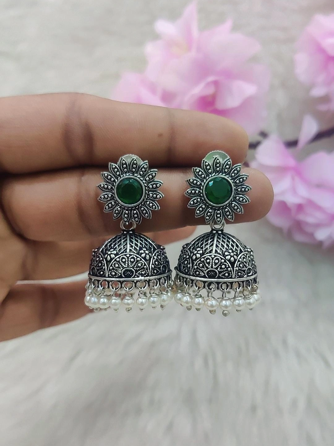 German Silver Jhumki Earrings #GE019 (Green)