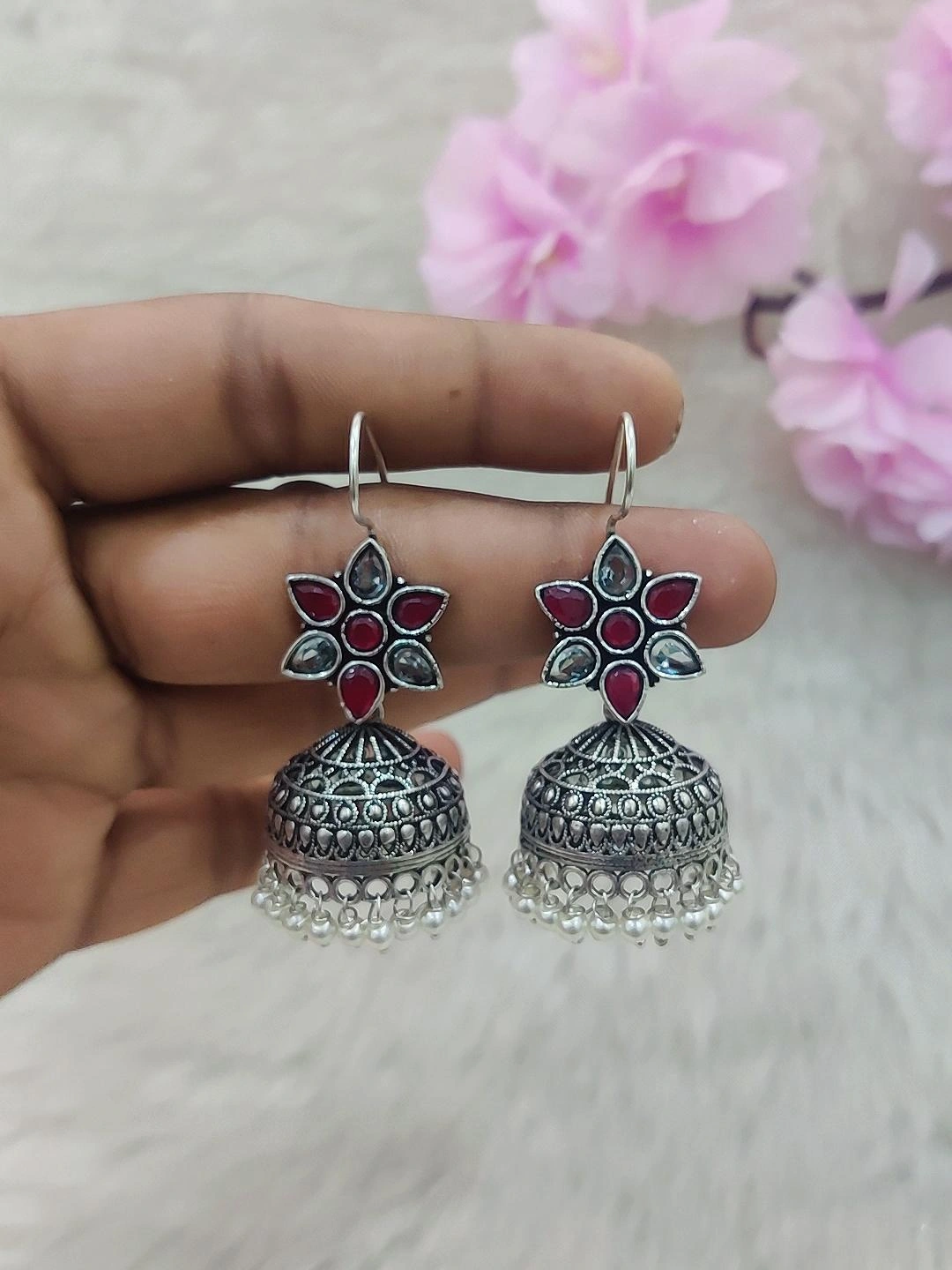 German Silver Jhumki Earrings #GE017 (Red+White)