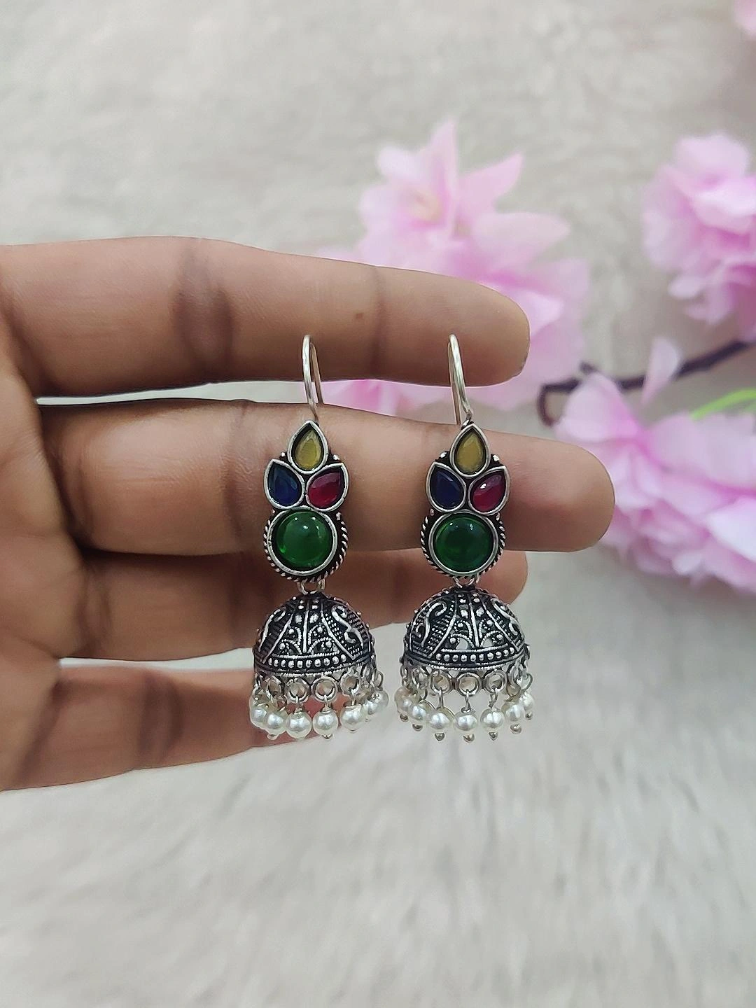 German Silver Jhumki Earrings #GE016 (Multi-1)