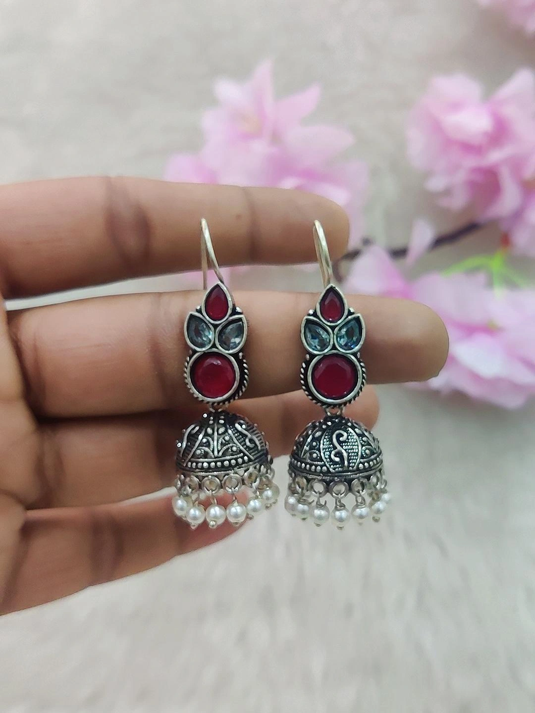 German Silver Jhumki Earrings #GE016 (Red+White)