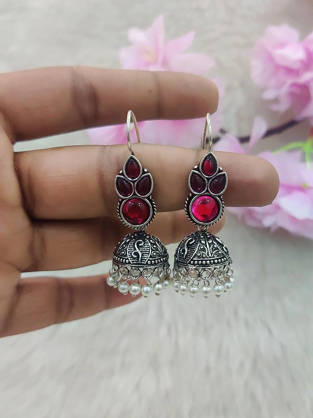 German Silver Jhumki Earrings #GE016 (Red)