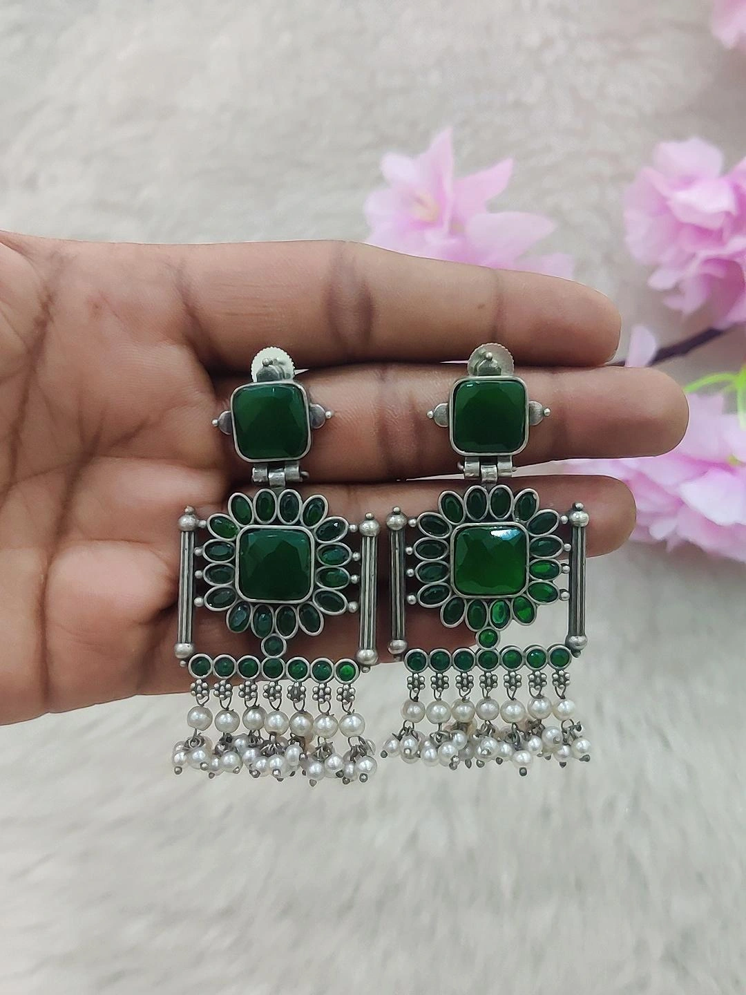 German Silver Earrings #GE025 (Green Monalisa Stone)