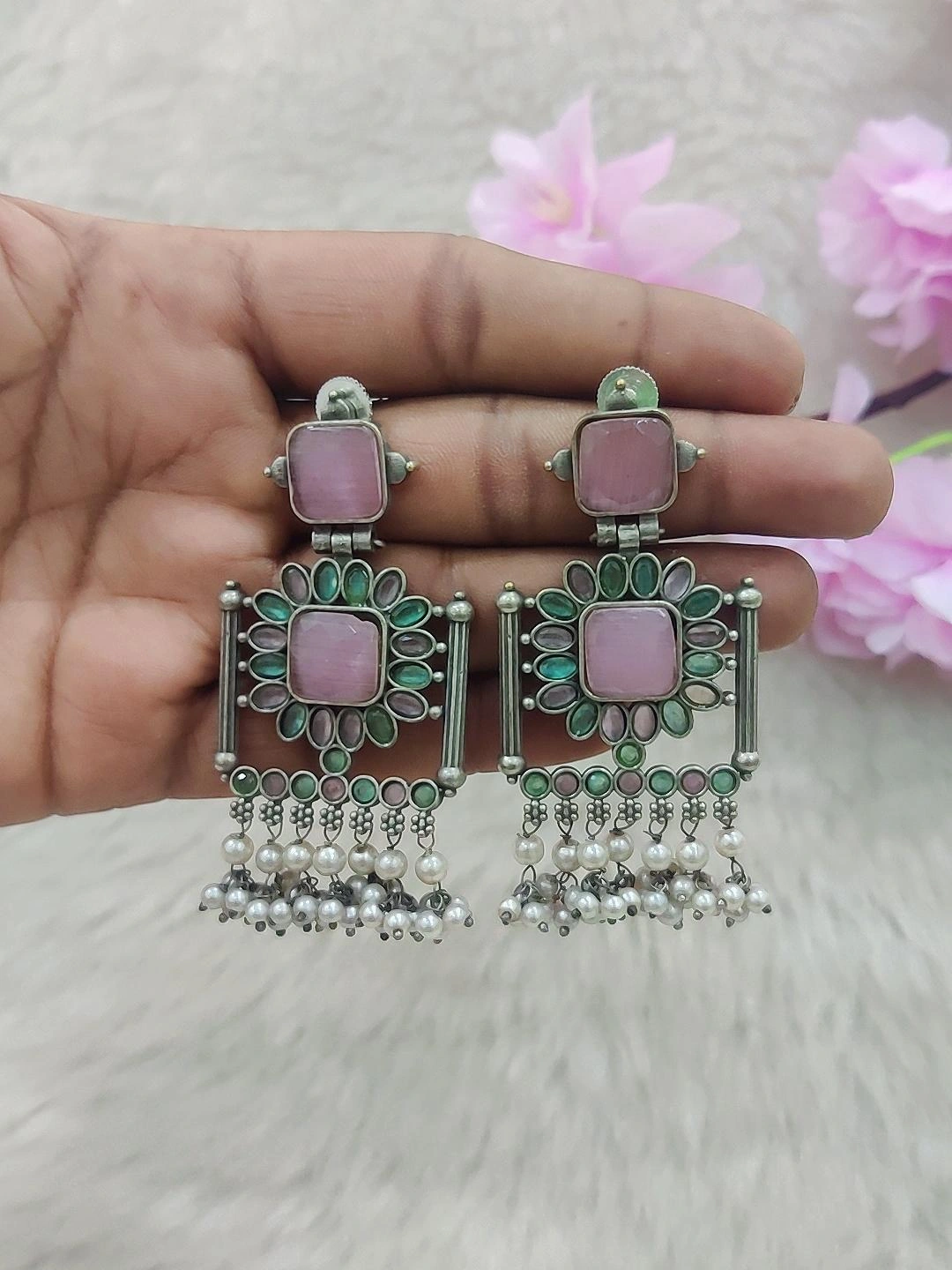 German Silver Earrings #GE025 (Pink + Light Green Monalisa Stone)
