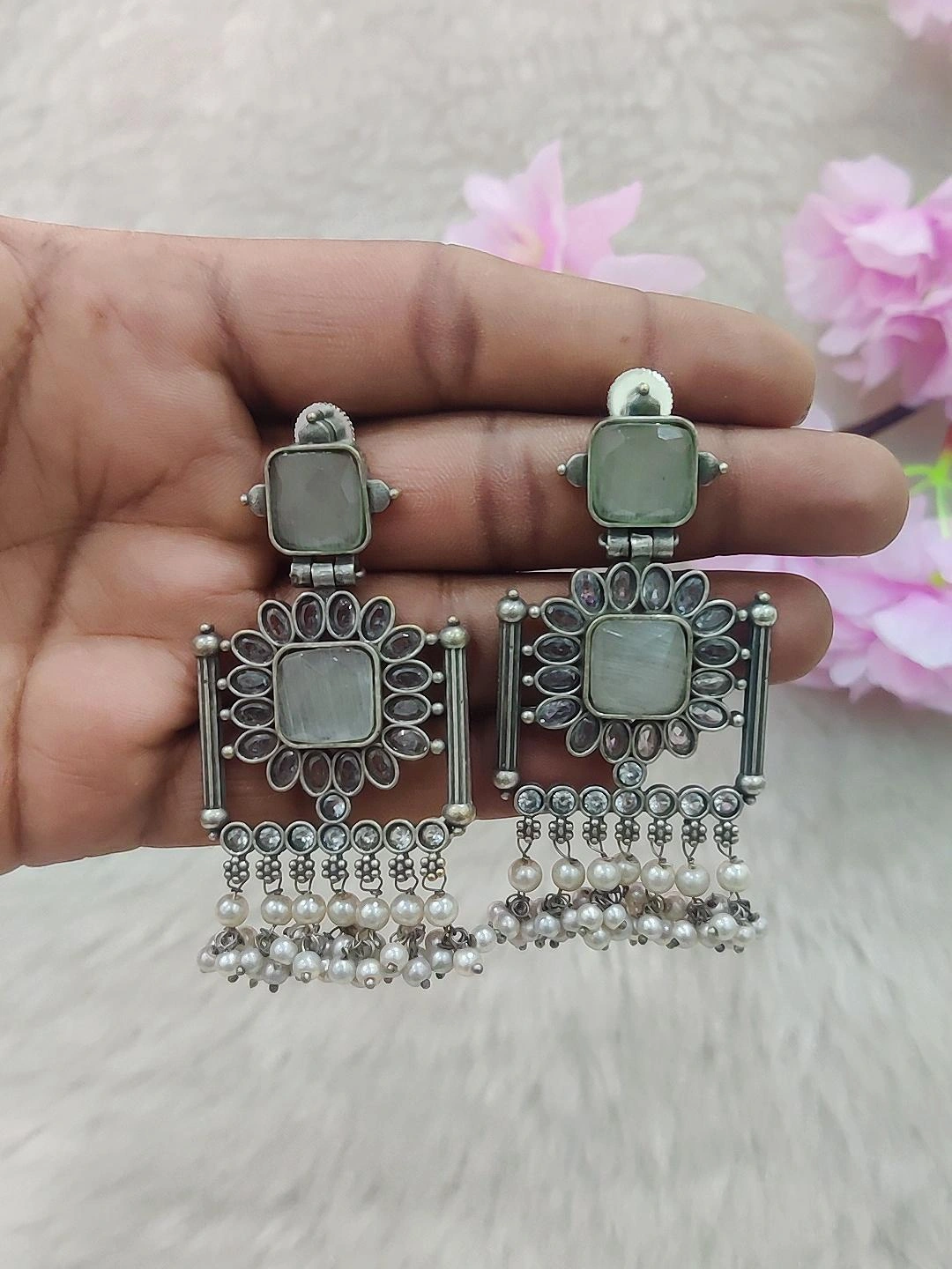 German Silver Earrings #GE025 (White Monalisa Stone)