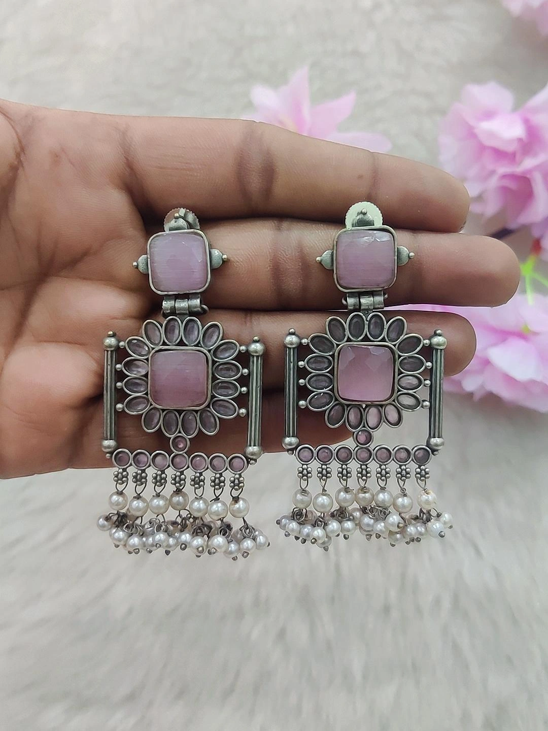 German Silver Earrings #GE025 (Pink Monalisa Stone)