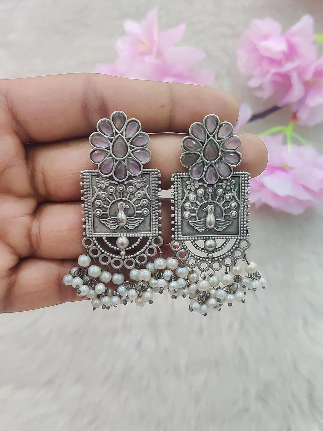 German Silver Flora Earrings #GE027 (Light Pink Monalisa Stone)