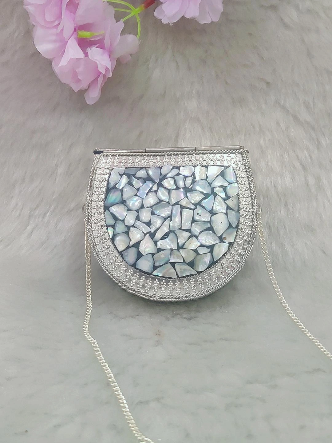 Silver Rectangular Mini Metal Clutch / Sling Bag / Handbag #C011 - Decorated with Shell