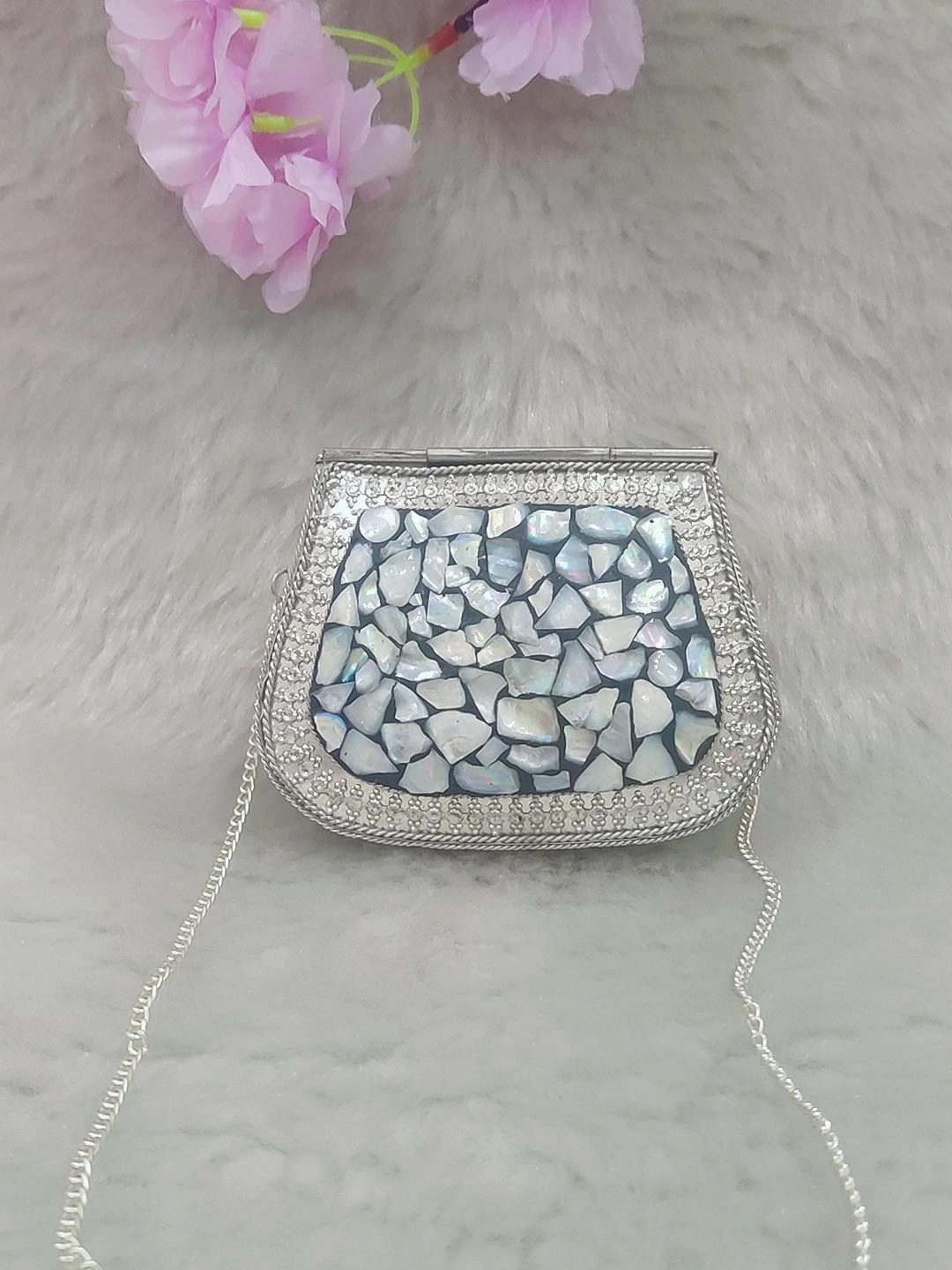 Silver Mini Metal Clutch / Sling Bag / Handbag #C010 - Decorated with Shell