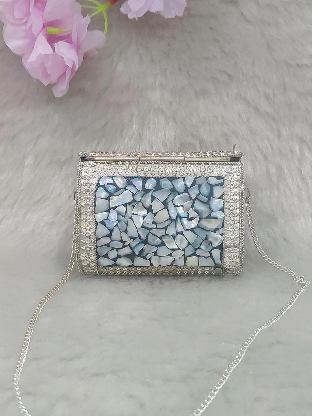 Silver Rectangular Mini Metal Clutch / Sling Bag / Handbag #C009 - Decorated with Shell