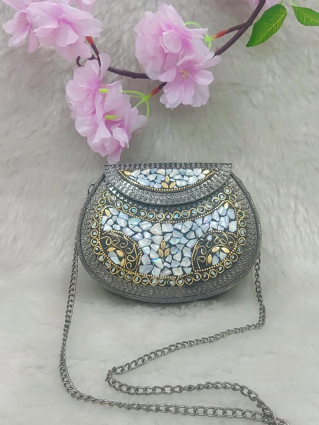 Black Metal Clutch / Sling Bag / Handbag #C007 - Decorated with Shell