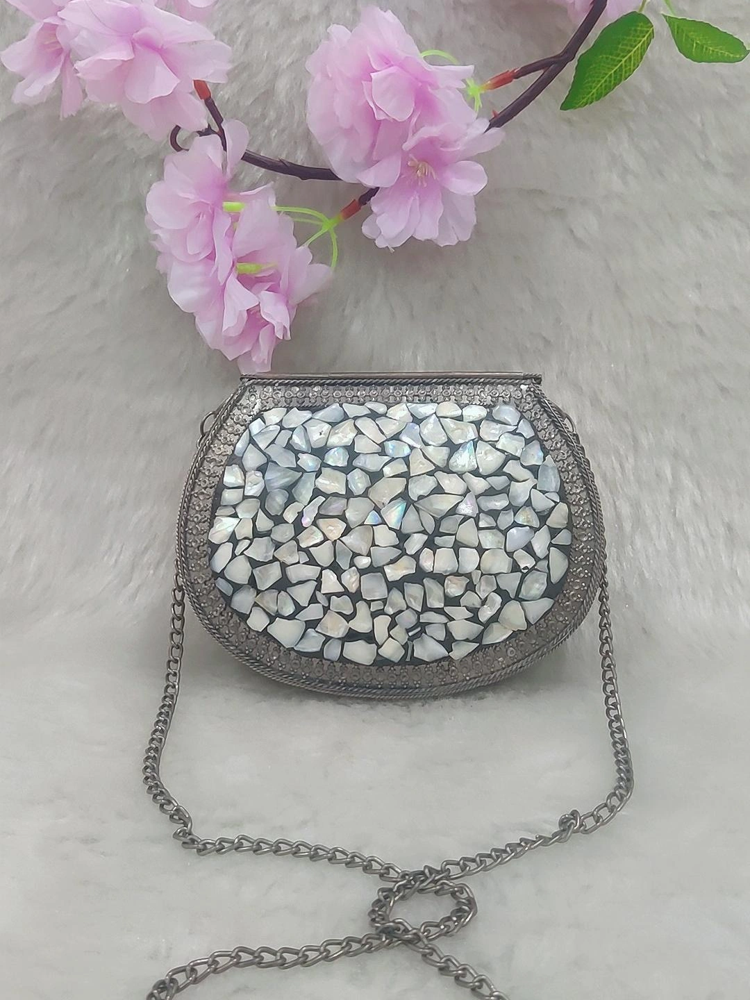 Black Metal Clutch / Sling Bag / Handbag #C007 - Decorated with Shell