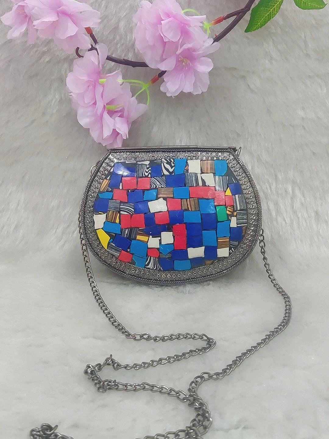 Black Metal Clutch / Sling Bag / Handbag #C008 - Decorated with Multi Colour Shell