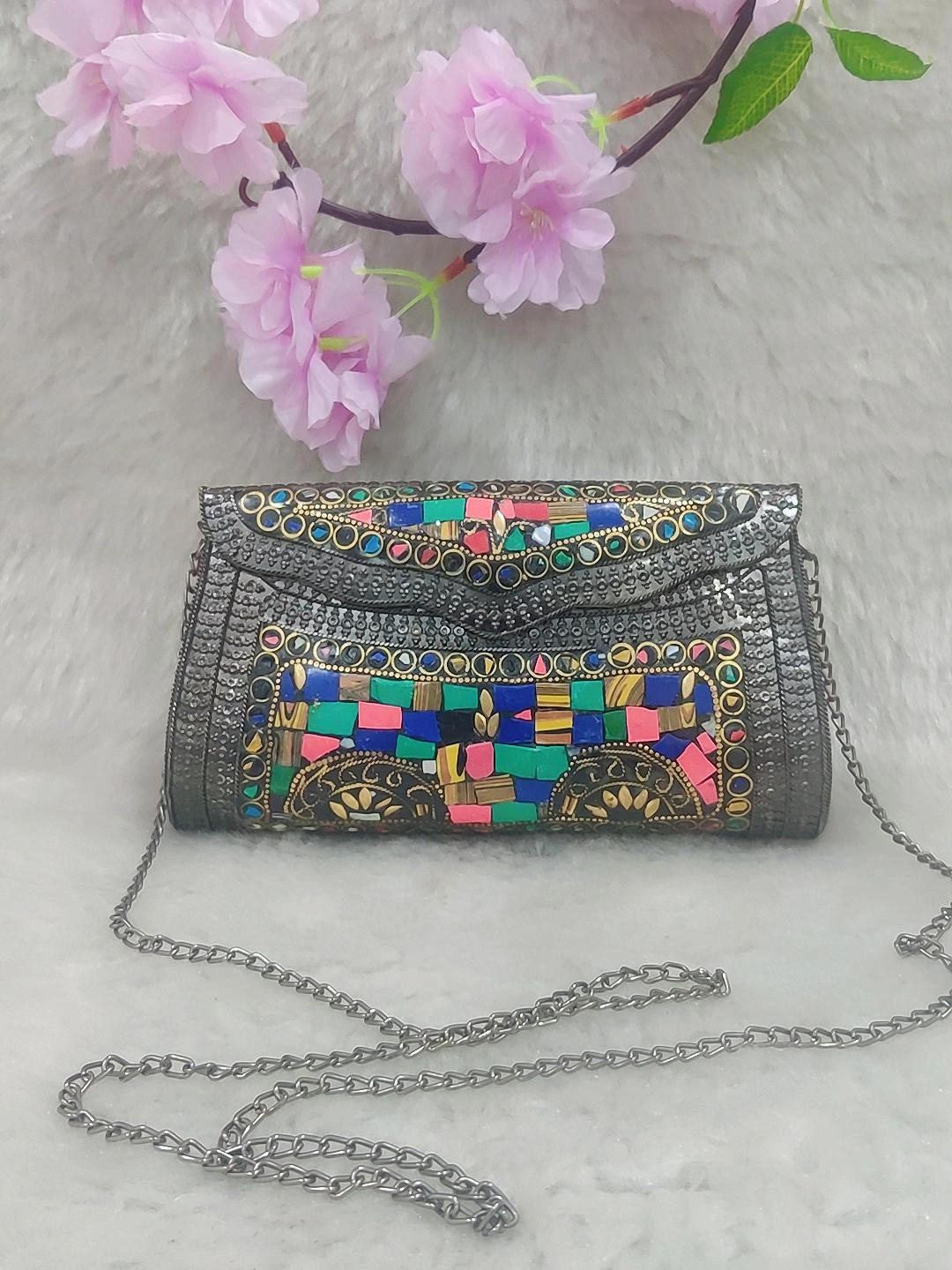 Ethnic Black Metal Clutch / Sling Bag / Handbag #C006 - Decorated with Multi Colour Shell