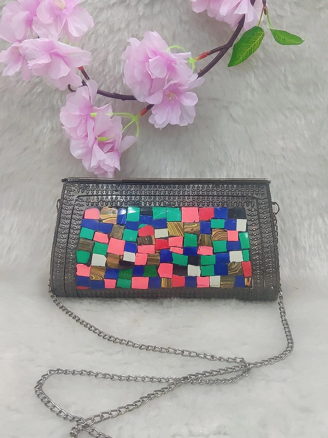 Ethnic Black Metal Clutch / Sling Bag / Handbag #C006 - Decorated with Multi Colour Shell