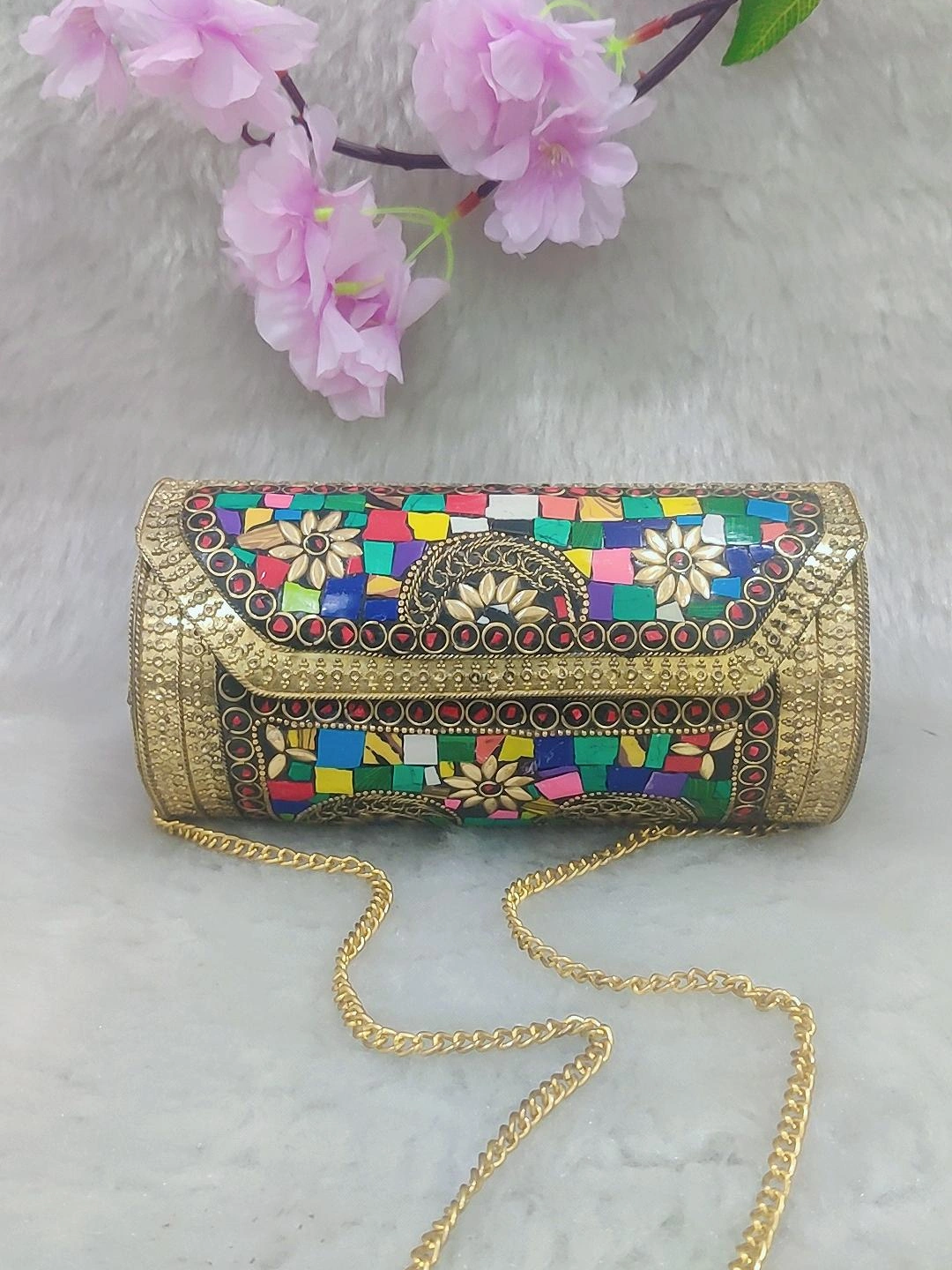 Ethnic Golden Round Clutch / Sling Bag / Handbag #C005 - Decorated with Multi Colour Shell