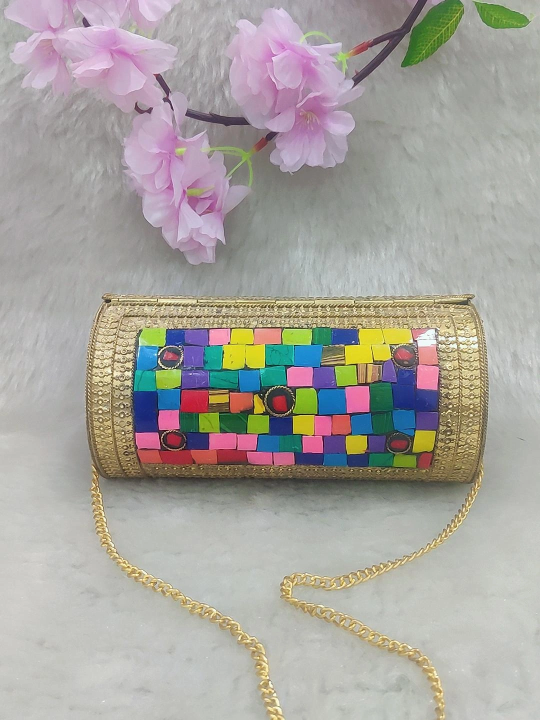 Ethnic Golden Round Clutch / Sling Bag / Handbag #C005 - Decorated with Multi Colour Shell