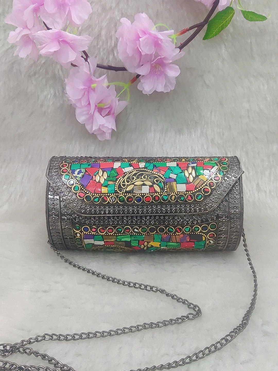 Ethnic Round Black Metal Clutch / Sling Bag / Handbag #C004 - Decorated with Multi Colour Shell