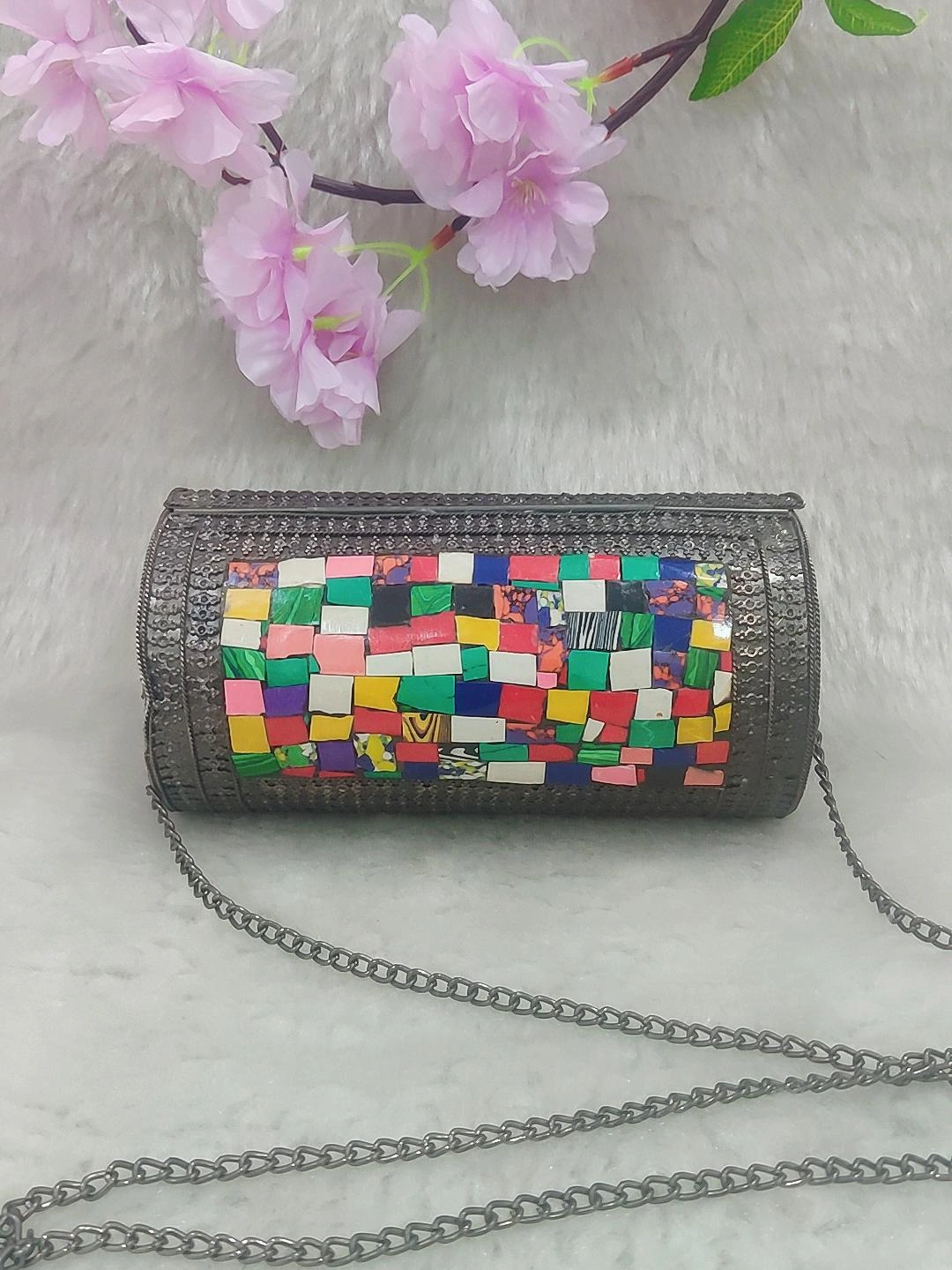 Ethnic Round Black Metal Clutch / Sling Bag / Handbag #C004 - Decorated with Multi Colour Shell