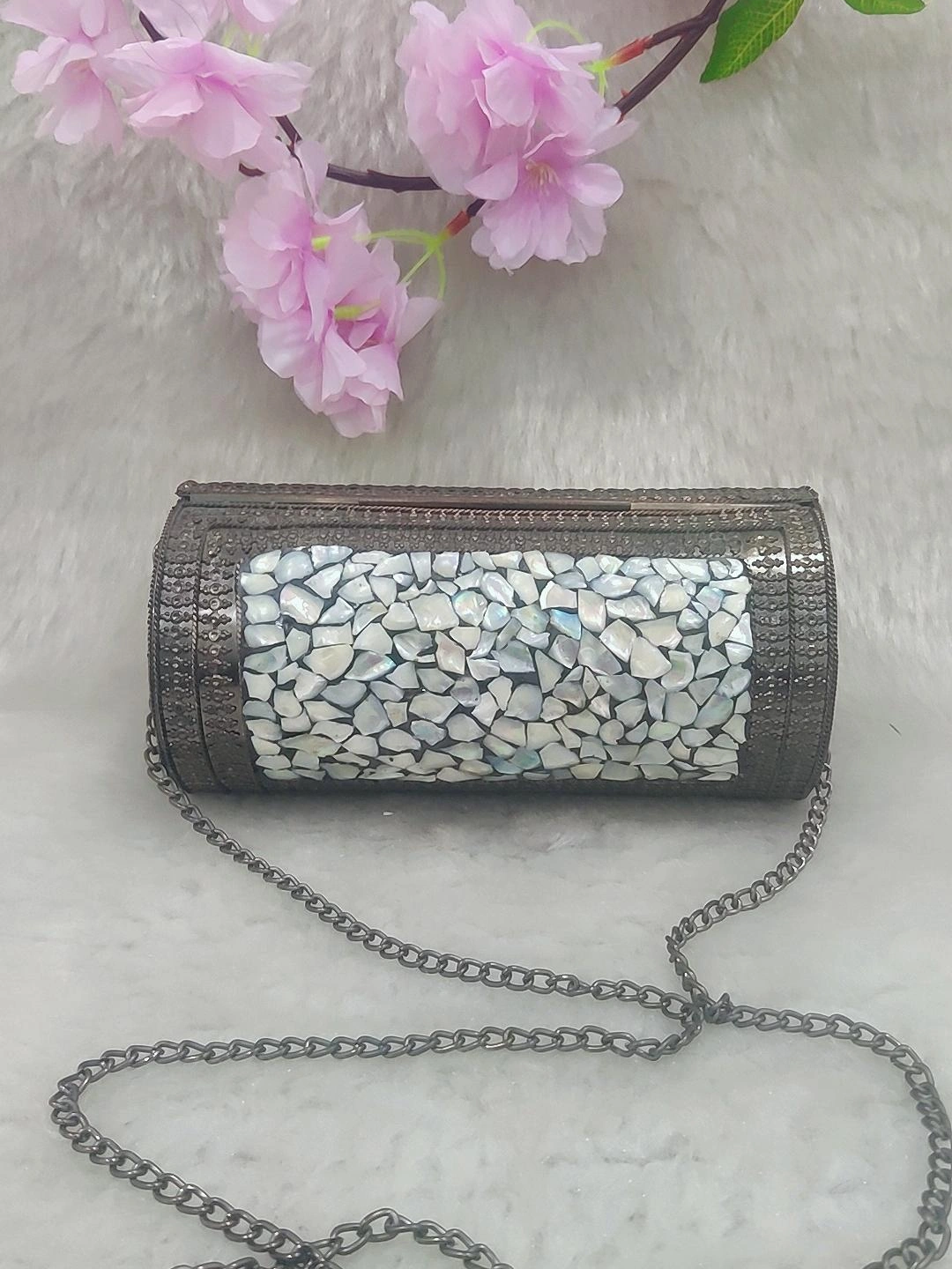 Ethnic Round Black Metal Clutch / Sling Bag / Handbag #C003 - Decorated with Shell