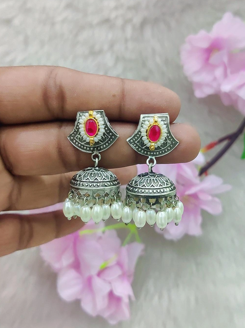 German Silver Jhumki Earrings #GE097 -Rani Pink Pachi Kundan