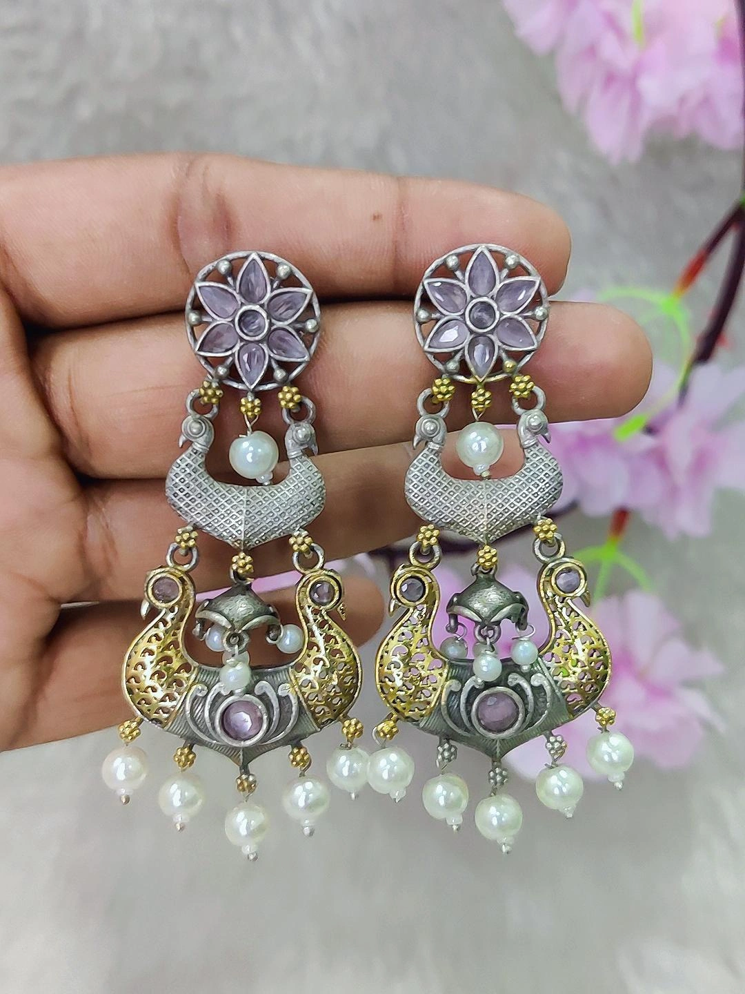 German Silver Earrings #GE087 - Pink Monalisa Stone