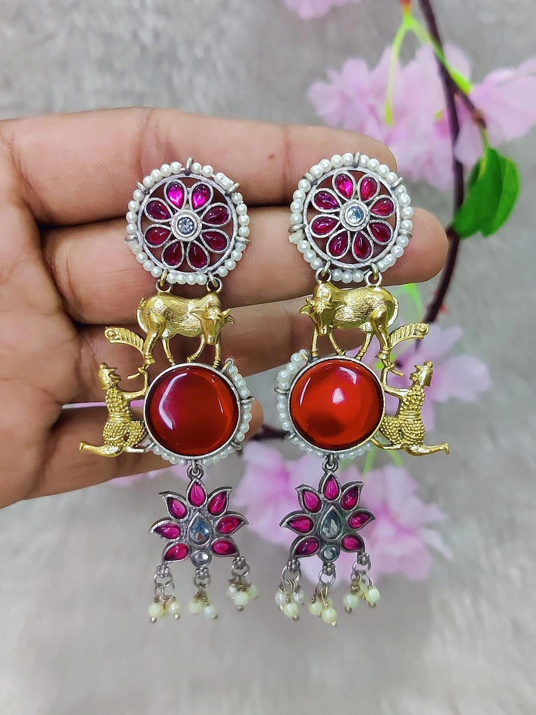 German Silver Earrings Nandi #GE088 - Red Monalisa Stone