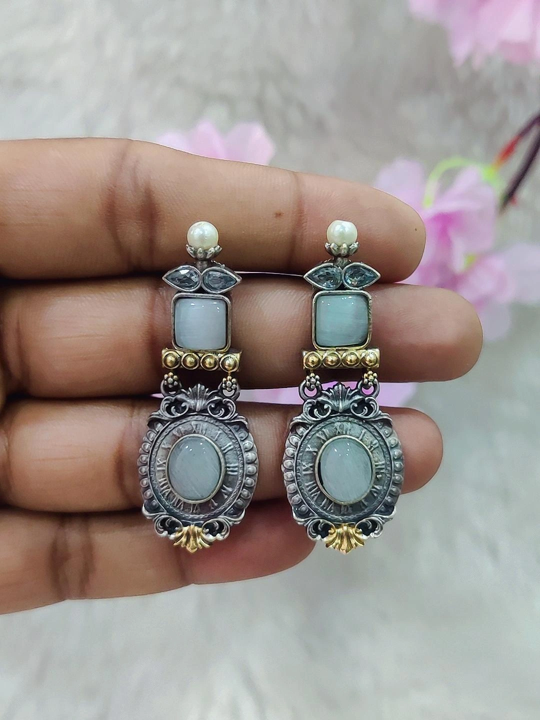 German Silver Earrings #GE098 - White Monalisa Stone