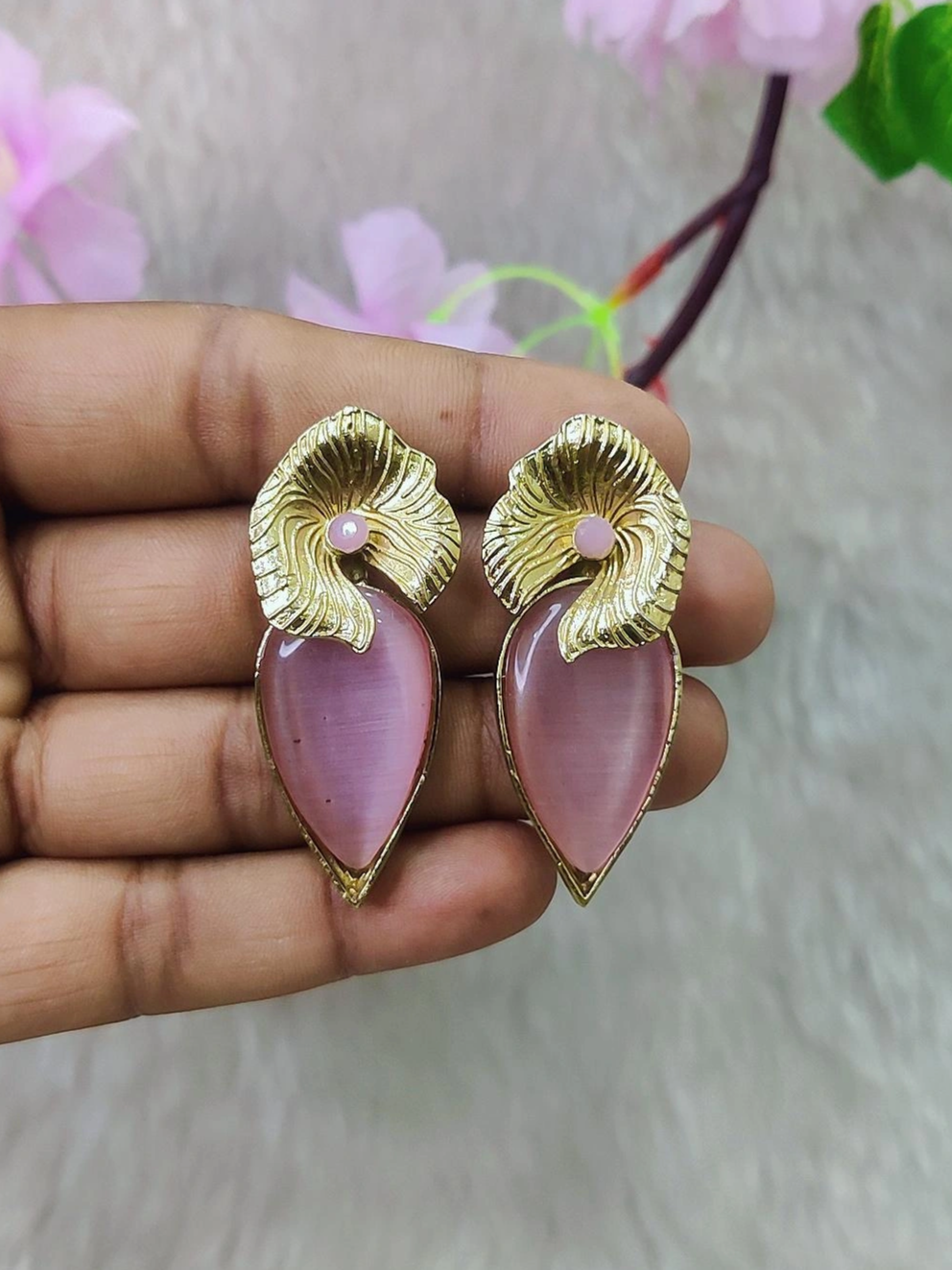 German Silver Floral Earrings #GE100 - Pink Monalisa Stone