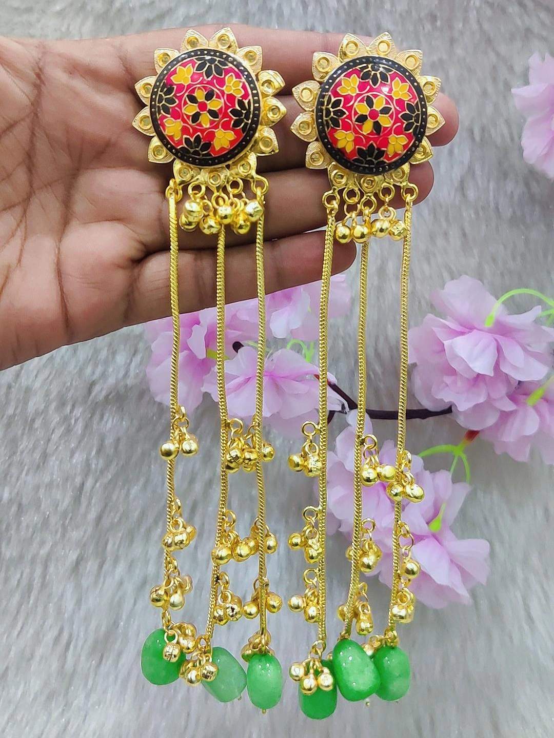 Brass Golden Premium Kashmiri Earrings #GE044 - Hanging Beads