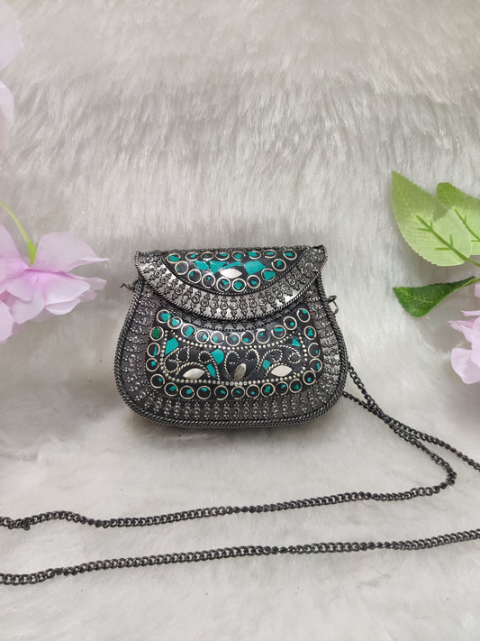 Black Metal Mini Clutch / Sling Bag / Handbag #C001