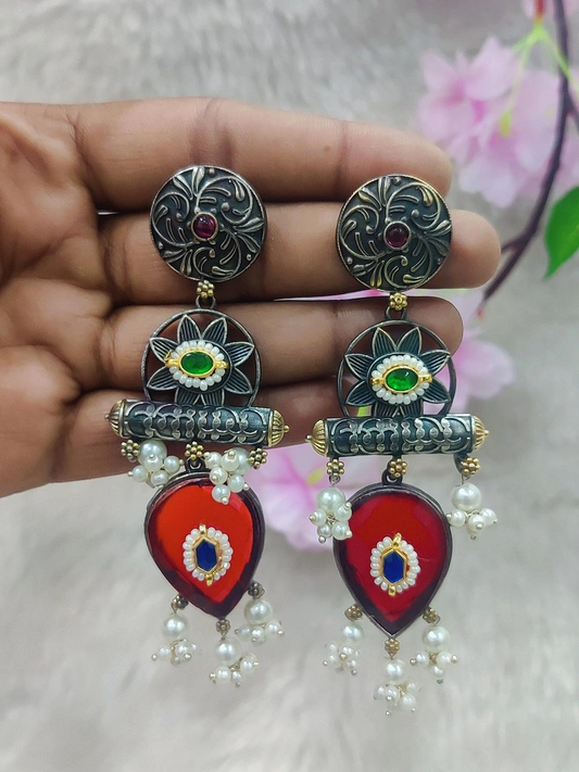 German Silver Earrings #P020 (Red)