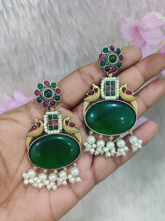 German Silver Earrings #P010 (Green + Red)