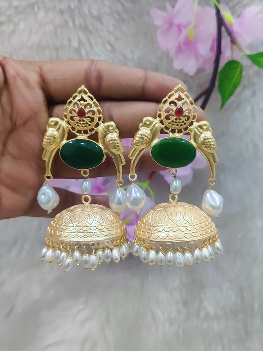Brass Jhumki Earrings #P004 (Green)