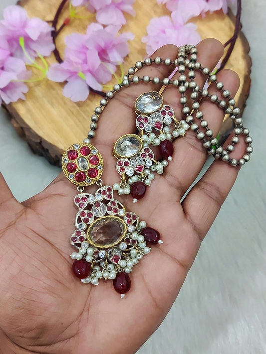 German Silver Necklace Set #N09 (White Stone+Red)