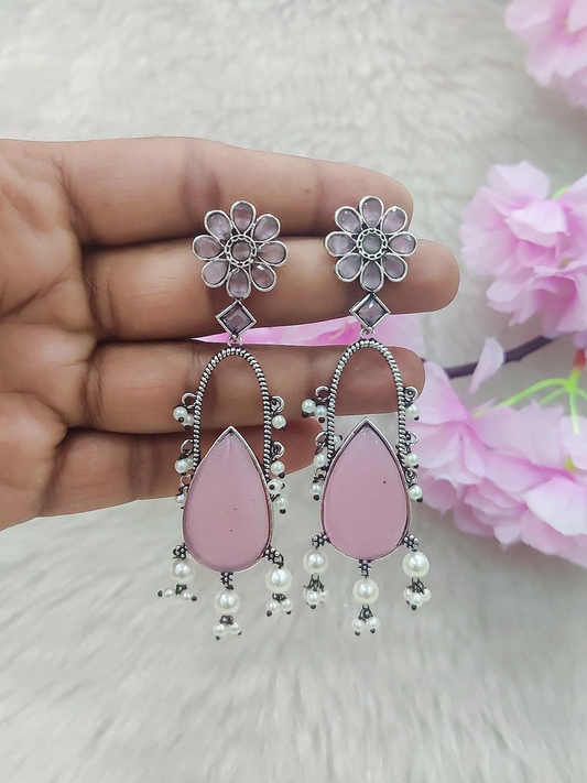 German Silver Long Earrings #GE001 (Pink)