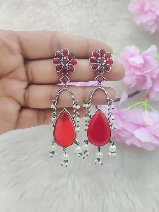 German Silver Long Earrings #GE001 (Red)