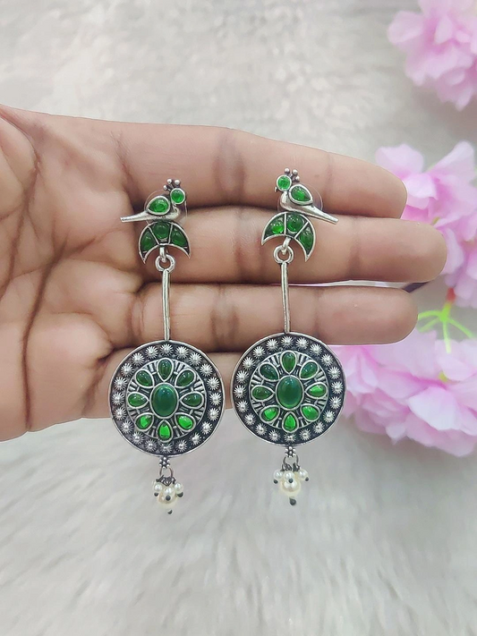 German Silver Bird Hanging Earrings #GE014 (Green)