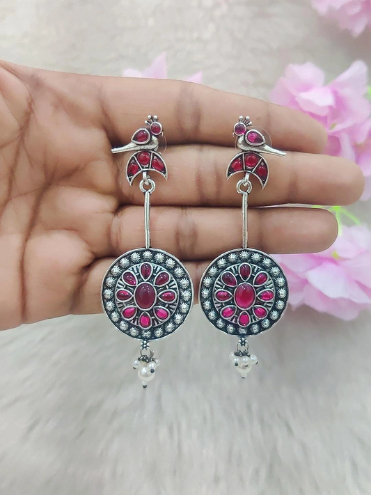 German Silver Bird Hanging Earrings #GE014 (Red)